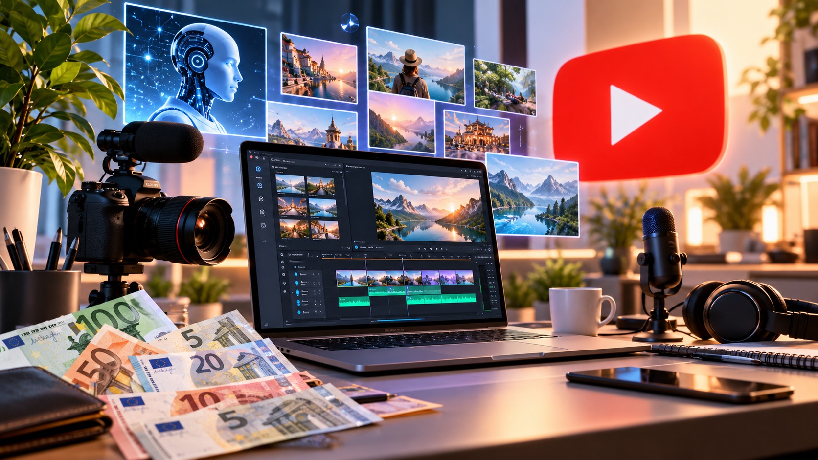 Poste de montage vidéo affichant une chronologie de production IA, à côté d'un graphique de revenus YouTube et d'icônes représentant les revenus publicitaires, l'affiliation, les partenariats et le travail pour des clients.